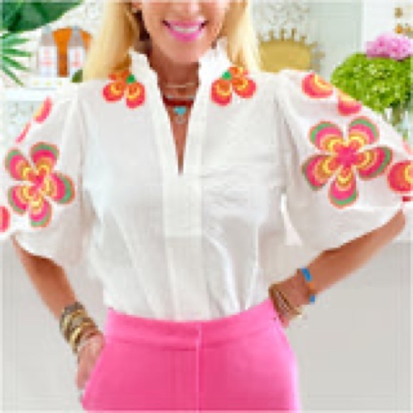 Like New THML White Embroidered Puff Sleeve Textured Boutique Top, Size X-Small. - Picture 2 of 10